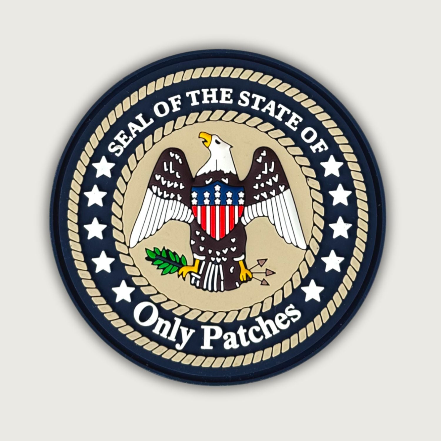 Custom-made PVC patch with Seal of the State of Only Patches design – premium soft rubber patch featuring eagle emblem, ideal for tactical gear, uniforms, and brand promotion by Only Patches