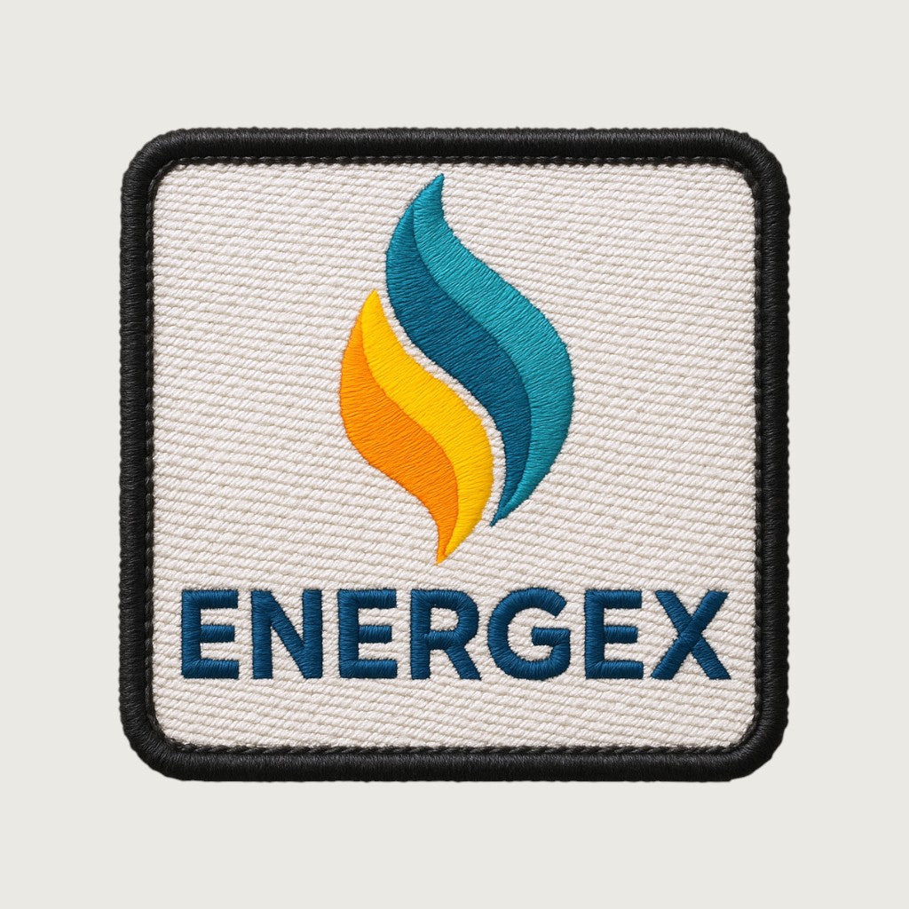 Square embroidered business logo patch with black border, featuring a blue and orange flame logo above the word 'ENERGEX' on a white background – custom logo patch for energy brands.