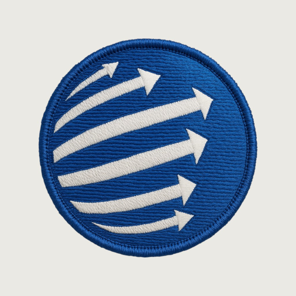 Round blue embroidered patch with six white curved arrows pointing upward, symbolizing growth, speed, and global movement – custom logo patch for tech or logistics brands.