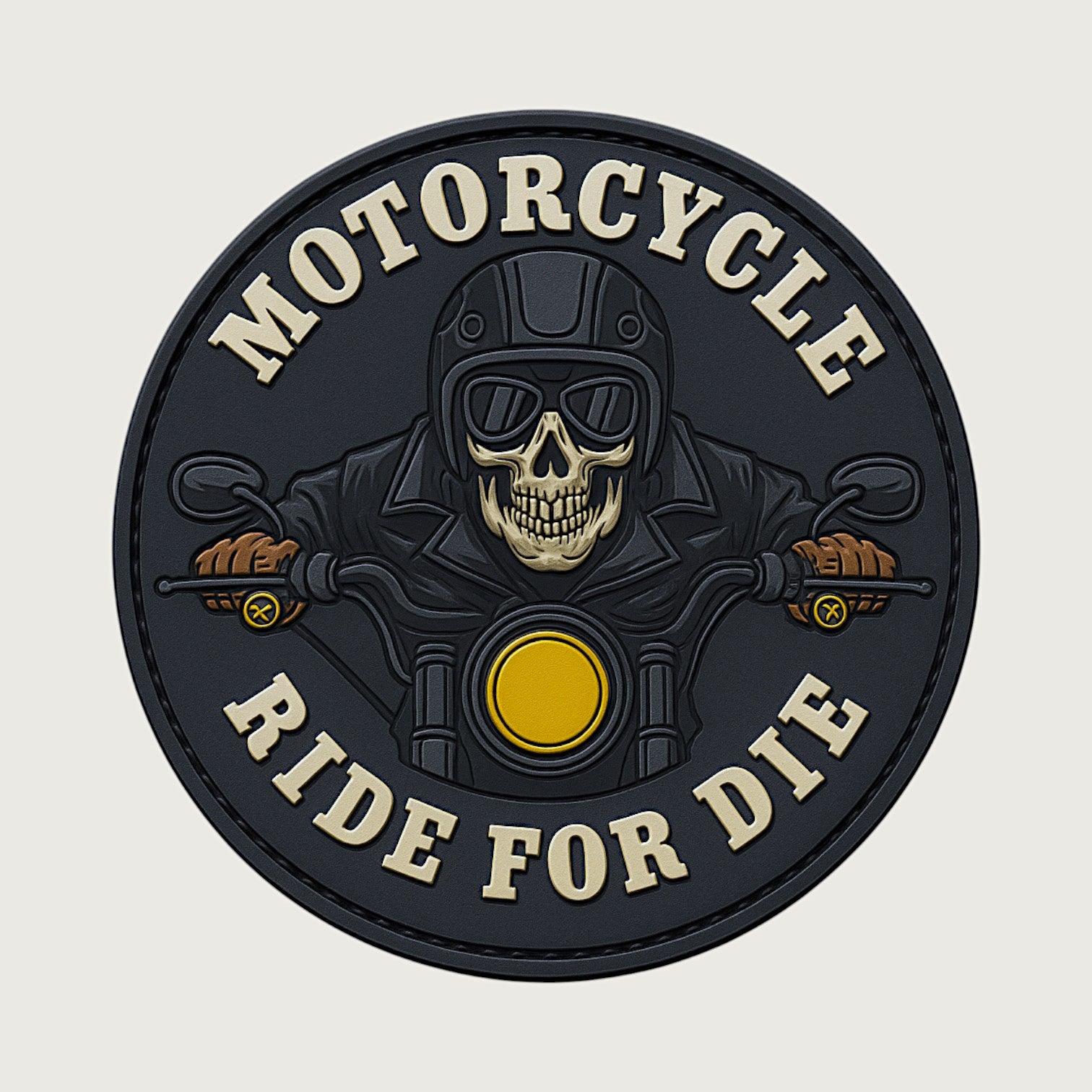 Round PVC motorcycle biker patch featuring a skull rider in black gear with goggles and gloves, bold 'MOTORCYCLE RIDE FOR DIE' text in beige on a dark background