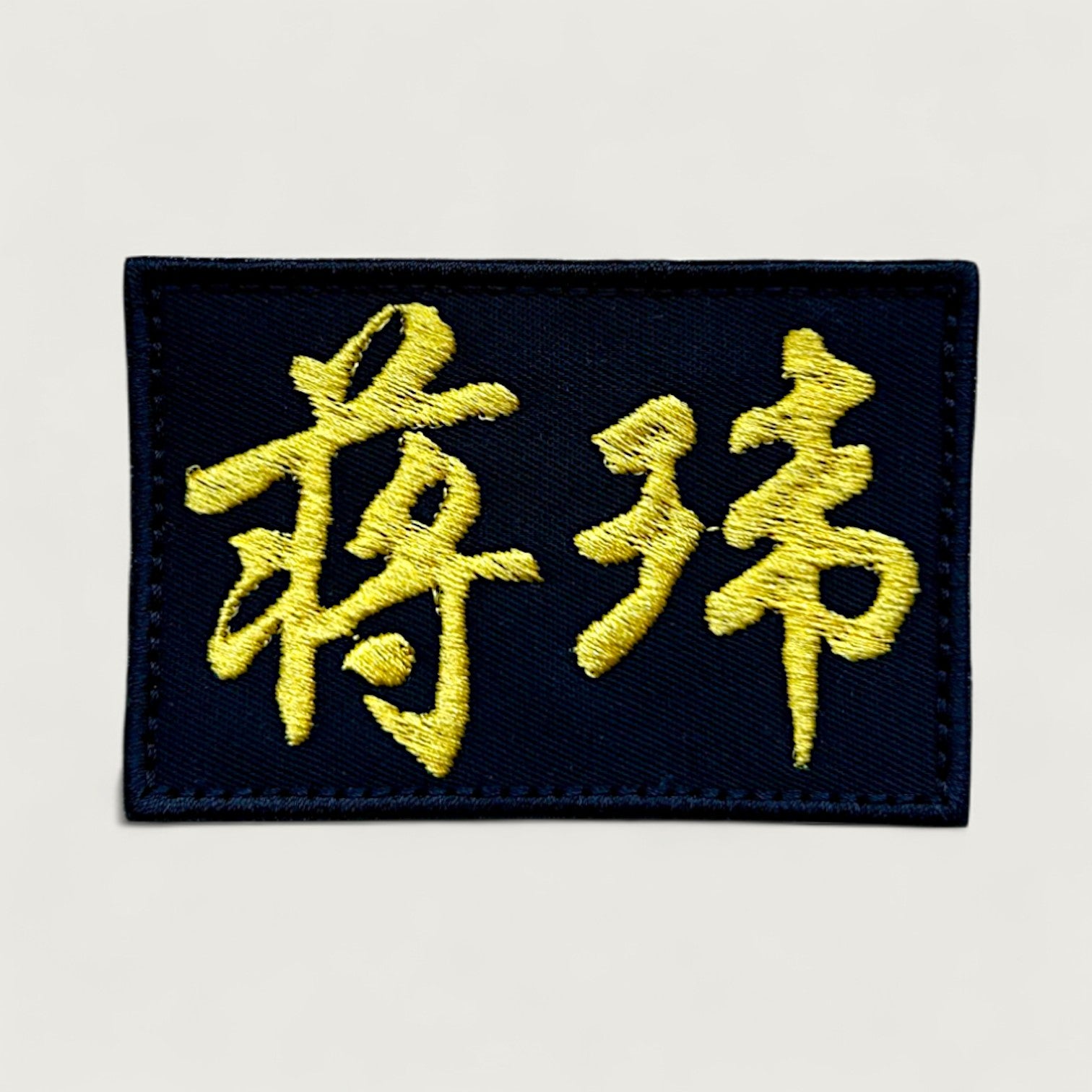 Rectangular embroidered patch with bold yellow Chinese characters “蒋琳” (Jiang Lin) on a dark navy background. A striking name patch ideal for personalized clothing, martial arts uniforms, or custom accessories.