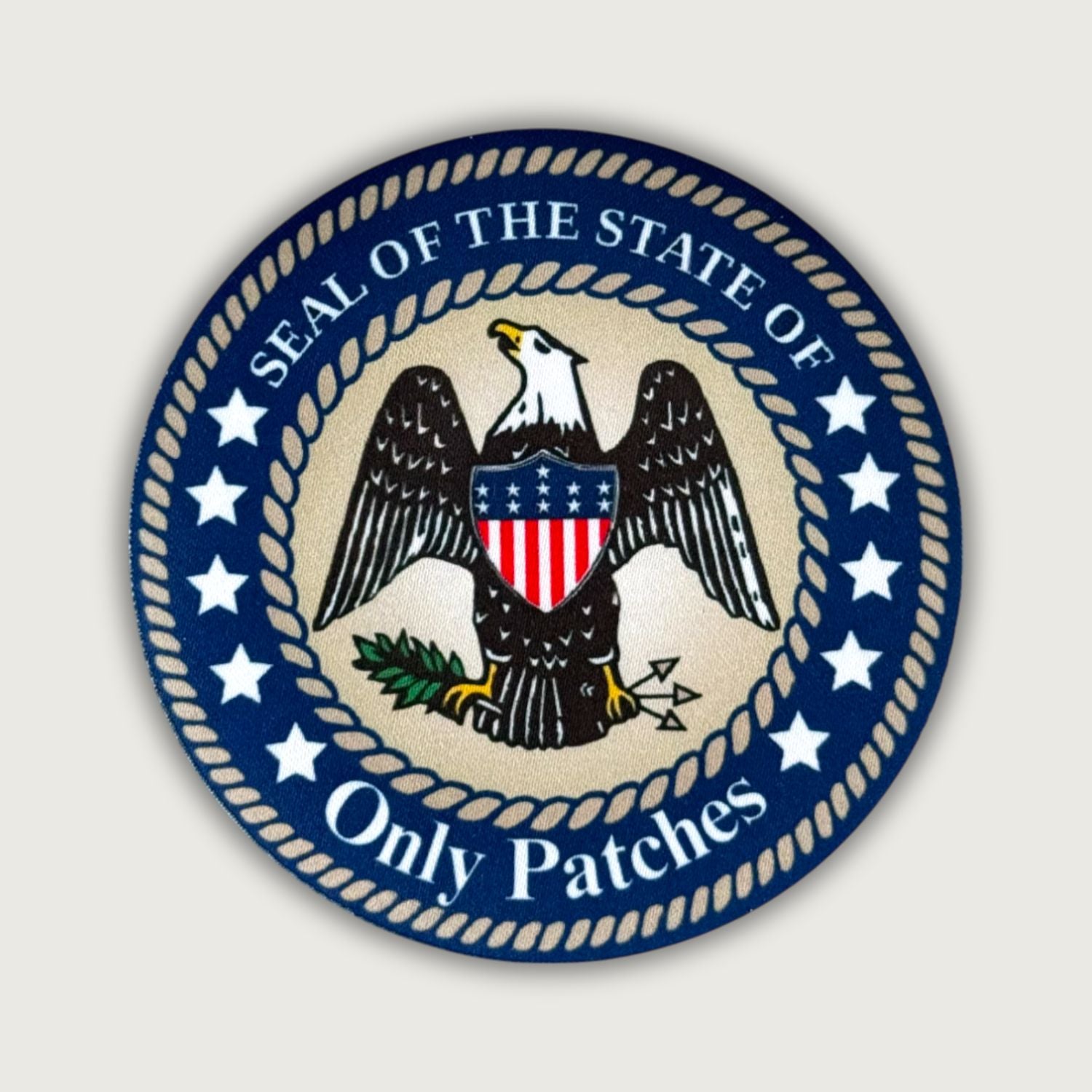 Custom sublimated patch – Seal of the State of Only Patches design with detailed eagle print, ideal for personalized branding, uniforms, or promotional giveaways by Only Patches