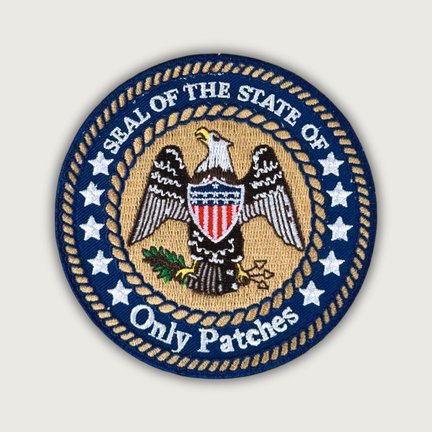 Seal of the State of Only Patches embroidered patch – round USA-inspired custom emblem with eagle, stars, and shield, ideal for jackets, uniforms, or collectors