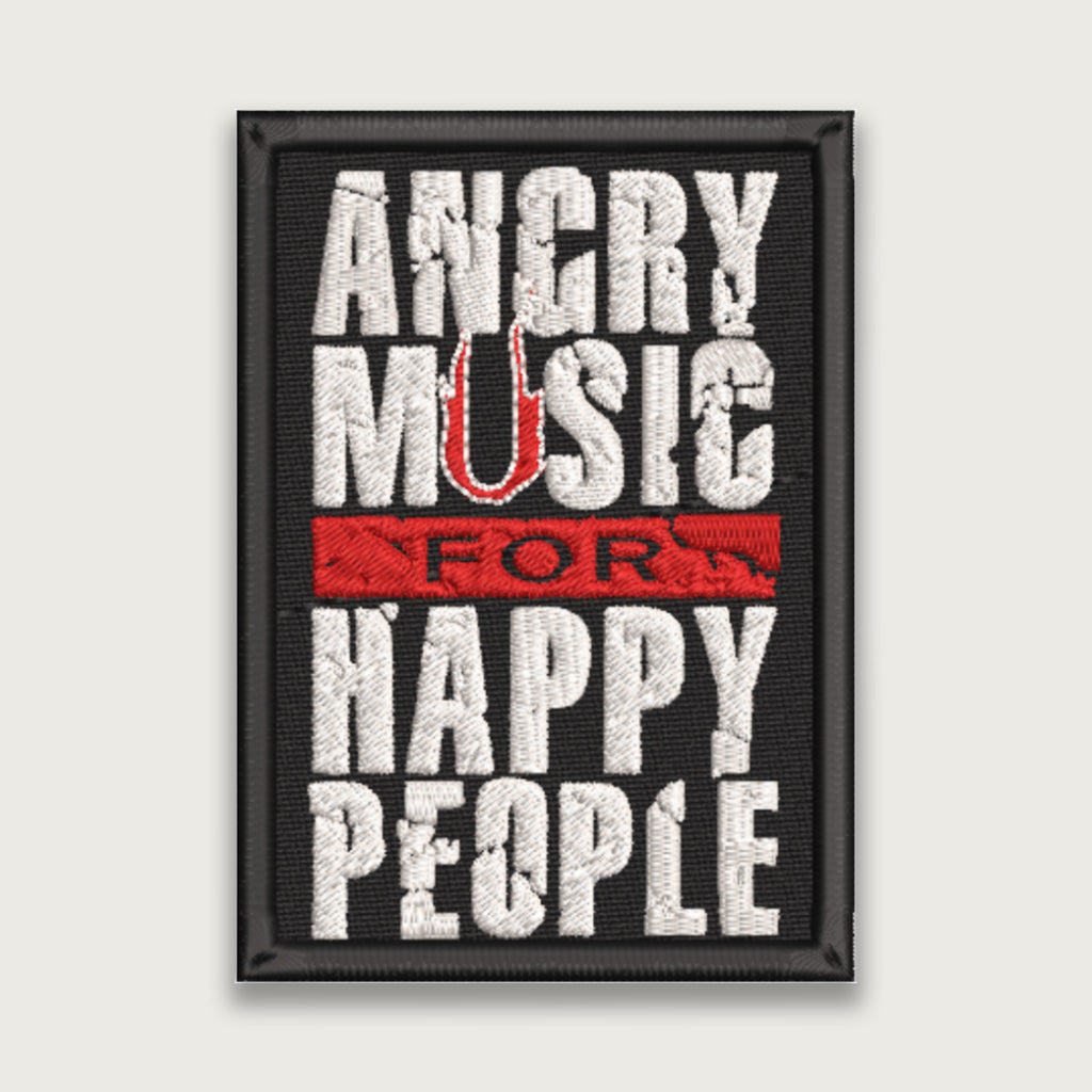 Black embroidered patch with bold white and red text reading "Angry Music for Happy People," featuring distressed lettering and a red underline