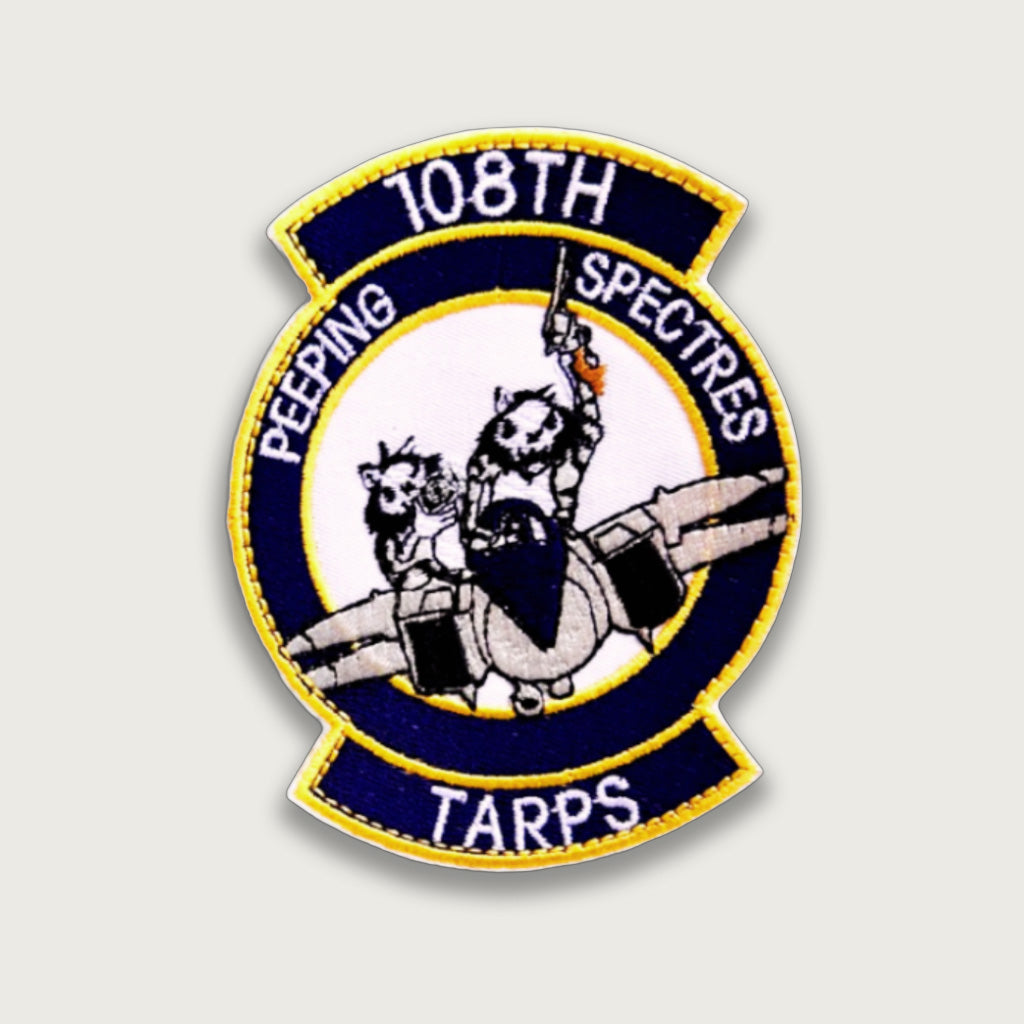 Embroidered 108th TARPS Tactical patch – Cartoon skeletons riding a jet with “Peeping Spectres” text and yellow border