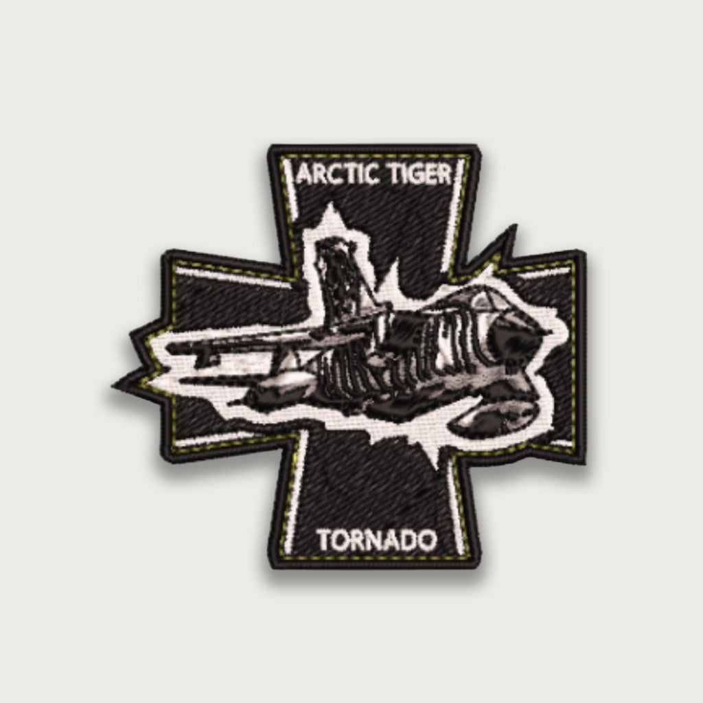 Embroidered military patch – Arctic Tiger Tornado aircraft over black cross shape with white burst outline