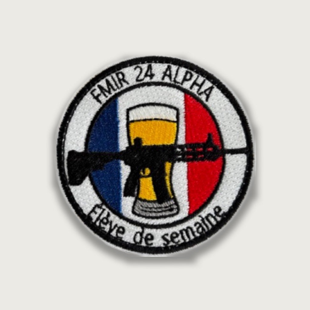 Embroidered FMIR 24 Alpha Tactical Airsoft patch – Round design with rifle and beer glass over French flag colors, text “Élève de semaine”