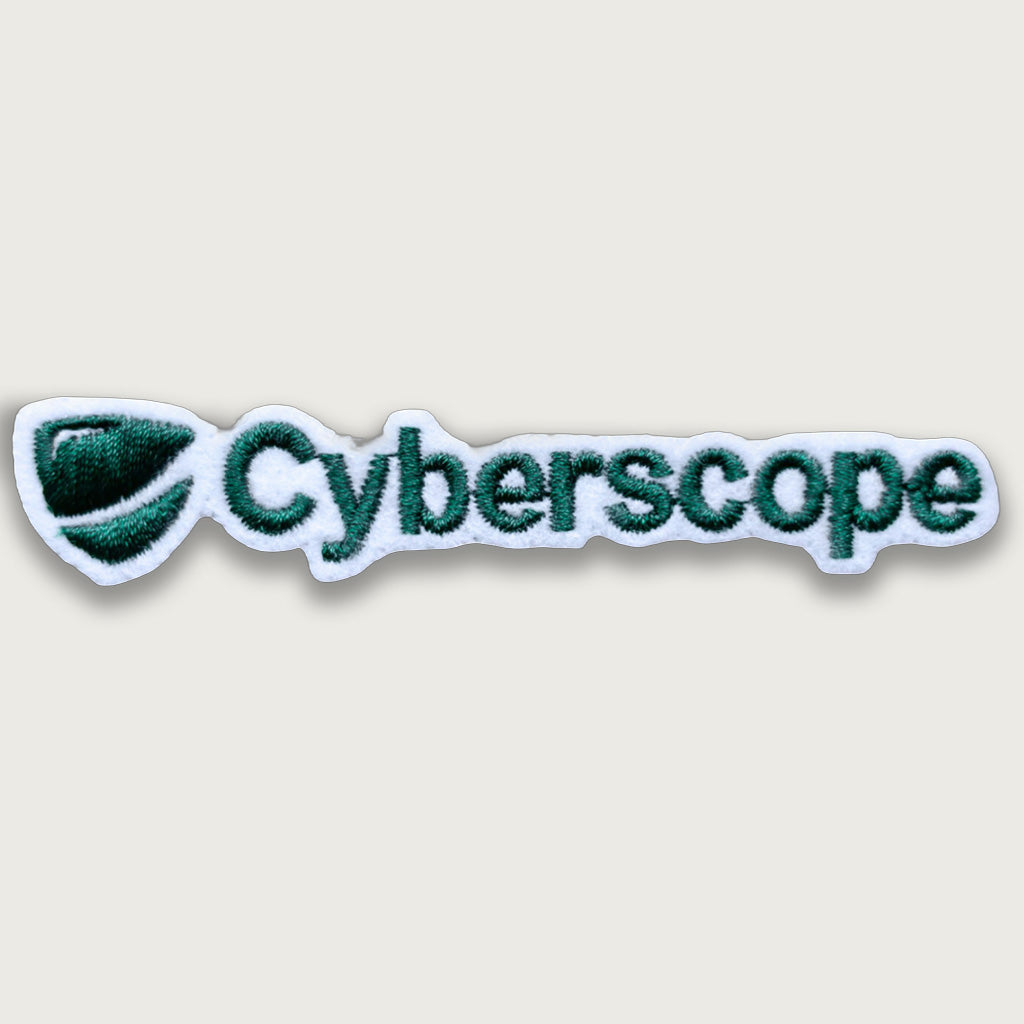 Custom embroidered logo patch – “Cyberscope” text design in green on white cutout backing with shield icon