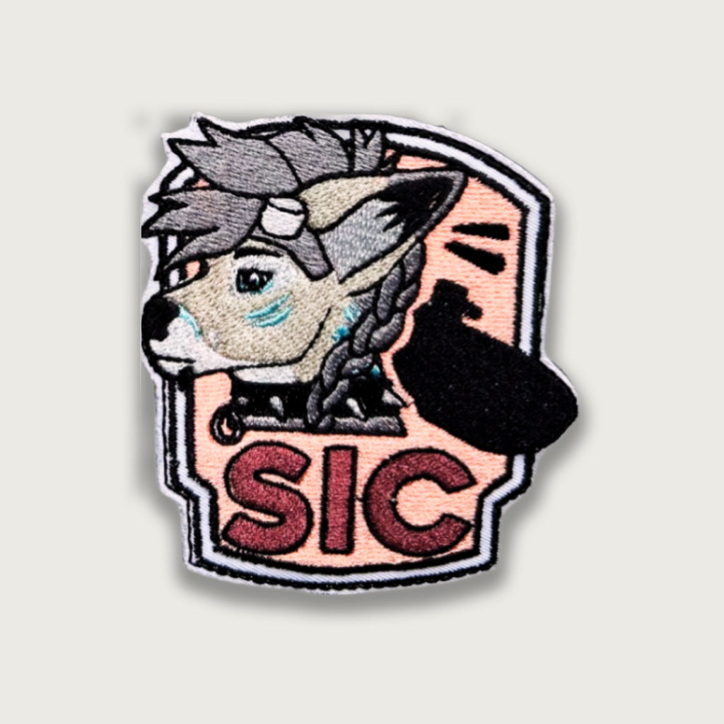 Embroidered submarine tactical patch – Cartoon dog character with tactical collar, submarine silhouette, and “SIC” text