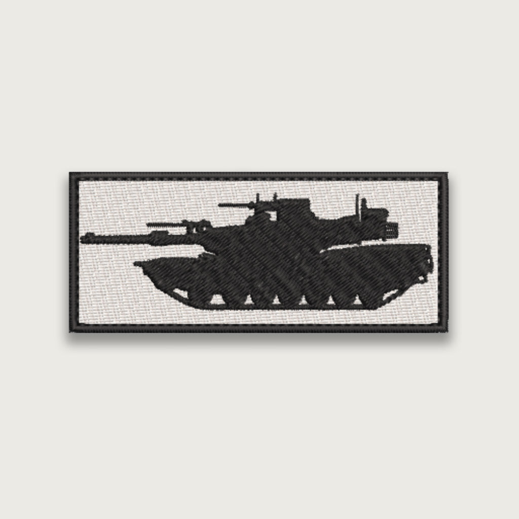 Embroidered military patch – Black tank silhouette on white background with rectangular border