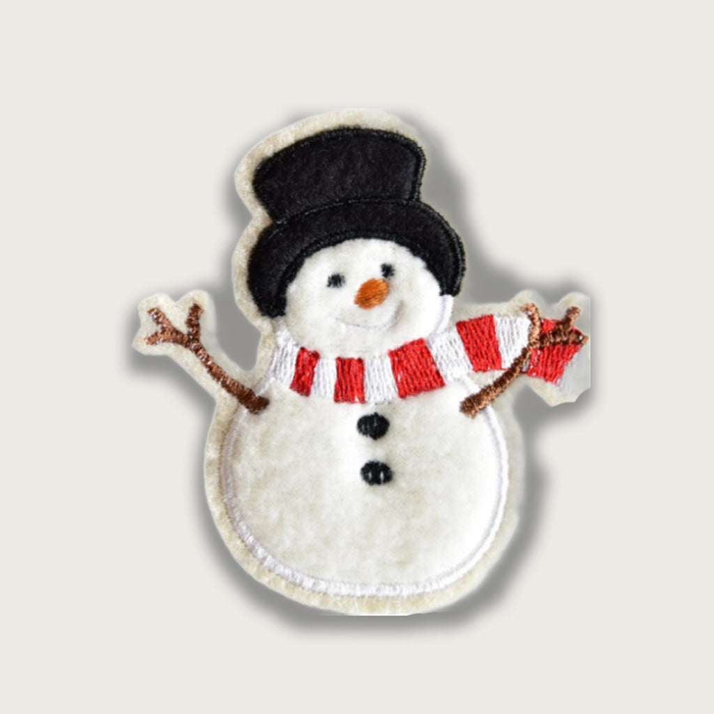 Cute embroidered snowman patch with black top hat, red and white striped scarf, perfect for Christmas crafts, jackets, or festive holiday clothing