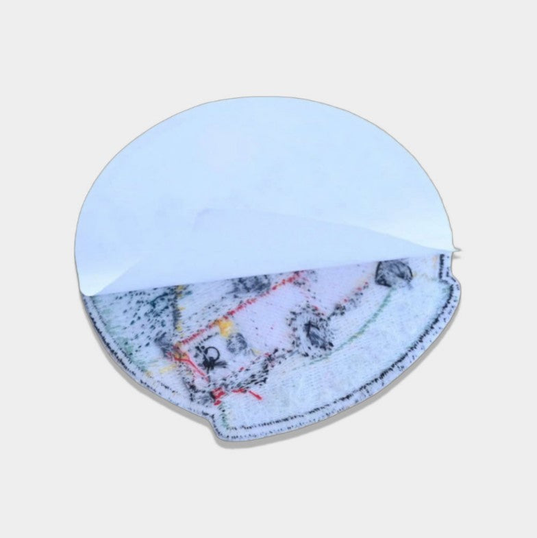 Embroidered patch with peel-and-stick 3M adhesive backing, perfect for temporary or no-sew attachment.