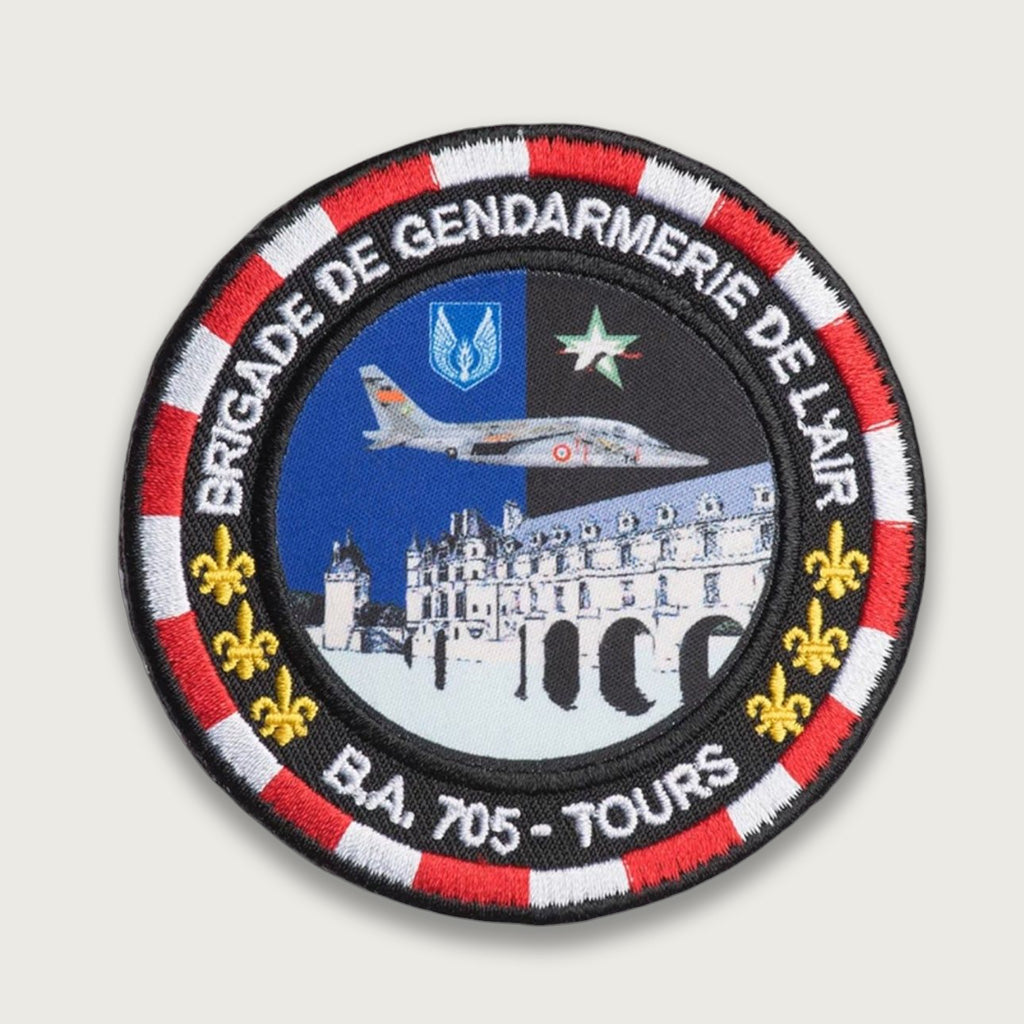 Sublimated military patch – Brigade de Gendarmerie de l’Air badge with jet, French château, and red-white-black border, B.A. 705 Tours
