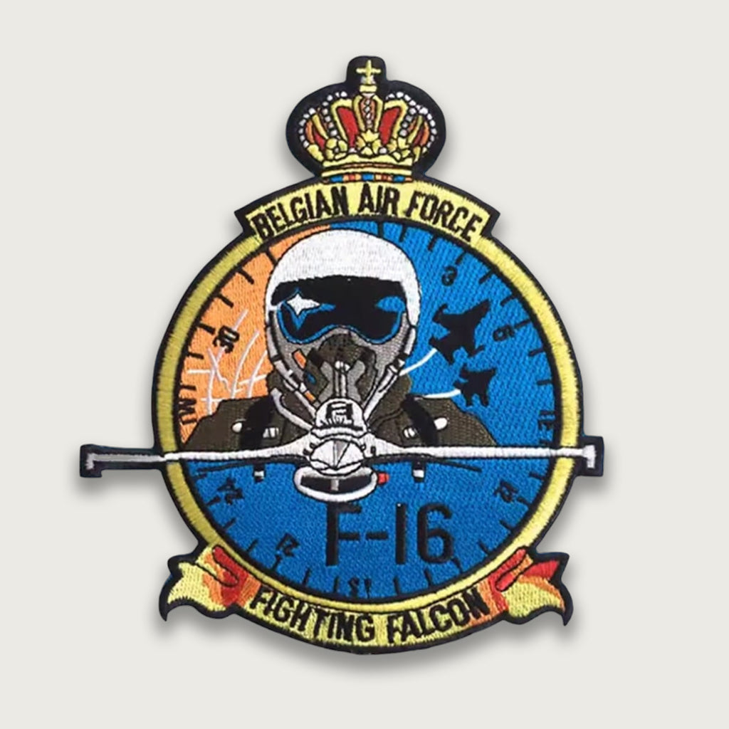 Woven Belgian Air Force F-16 patch – Custom military aviation badge with pilot, jet silhouette, and crown emblem